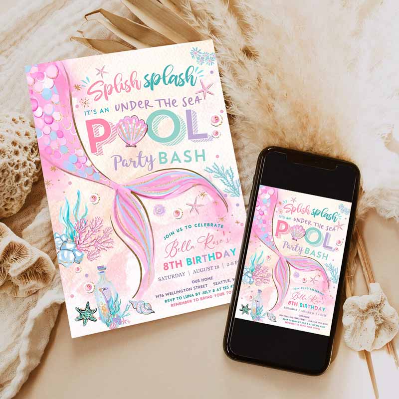 Mermaid Under The Sea Pool Party Invitation, Girl Kids Birthday