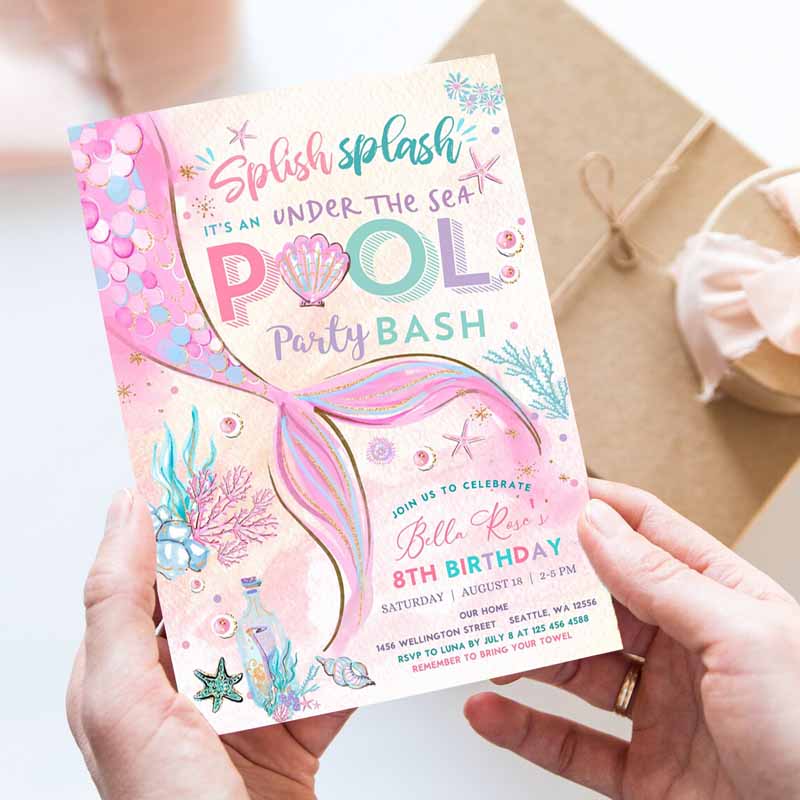 Mermaid Under The Sea Pool Party Invitation, Girl Kids Birthday