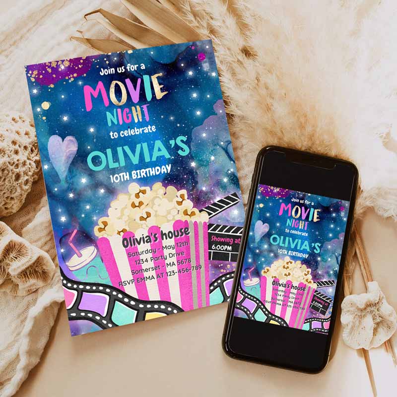 Movie Night Kids Birthday Invitation, Movie Kids Birthday, Movie Sleepover Party, Popcorn Movie Party,Join us for a