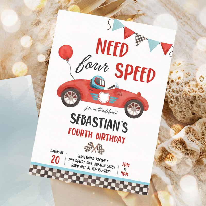 Need Four Speed Race Car Kids Birthday Invitation, Boy Vintage Red Race Car Kids Birthday Party, Need Speed Party Invitation