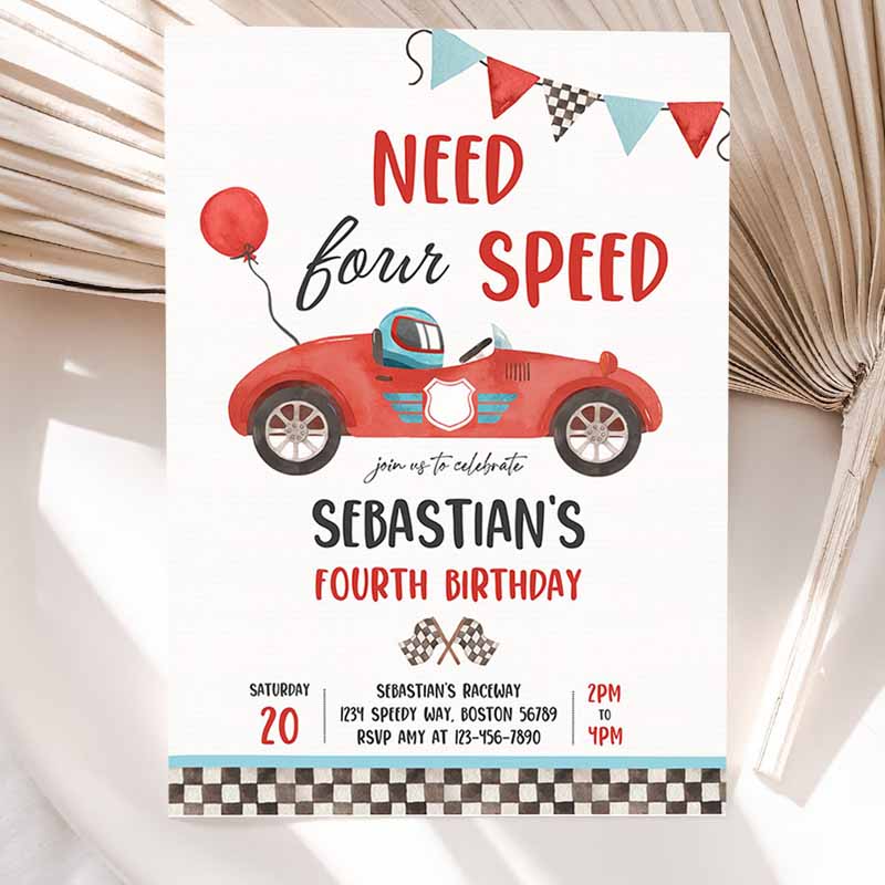 Need Four Speed Race Car Kids Birthday Invitation, Boy Vintage Red Race Car Kids Birthday Party, Need Speed Party