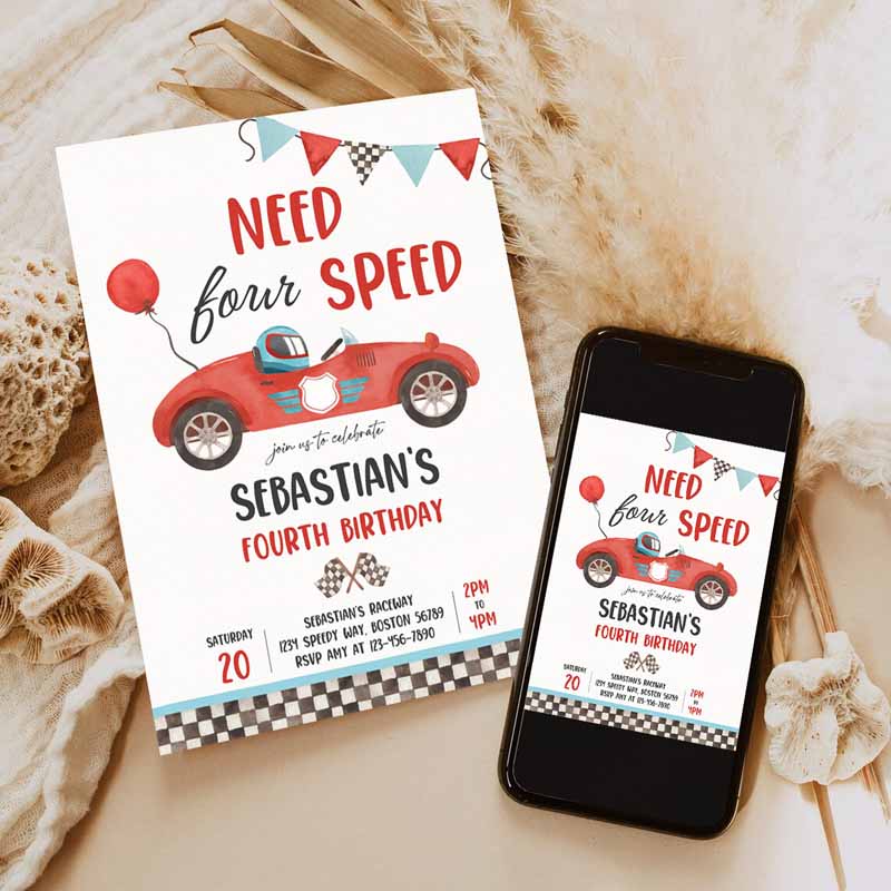 Need Four Speed Race Car Kids Birthday Invitation, Boy Vintage Red Race Car Kids Birthday Party, Need Speed Party