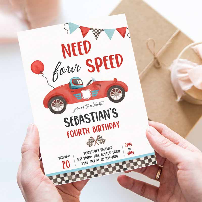 Need Four Speed Race Car Kids Birthday Invitation, Boy Vintage Red Race Car Kids Birthday Party, Need Speed Party