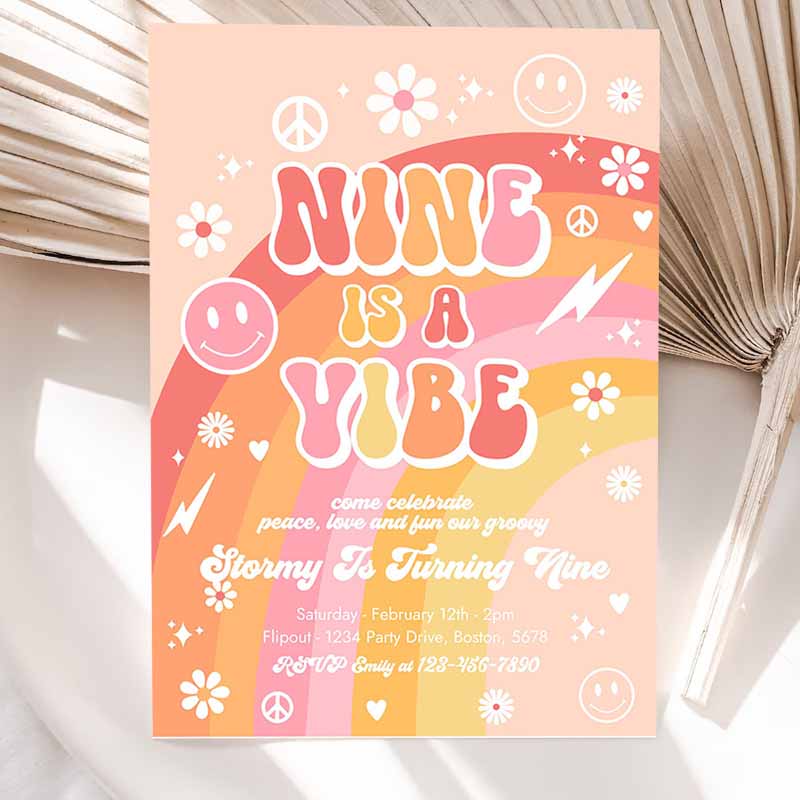 Nine Is A Vibe Groovy Kids Birthday, Peace Love Party, Rainbow Party, Hippie Groovy Kids Birthday