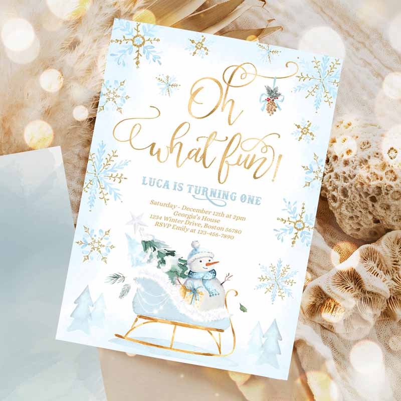 Oh What Fun Winter Kids Birthday Invitation, Blue Winter Sleigh Kids Birthday, Christmas Holiday Sleigh Party Invitation