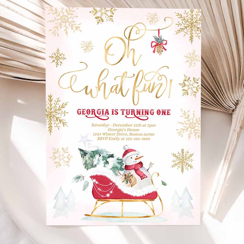 Oh What Fun Winter Kids Birthday Invitation, Red Winter Sleigh Kids Birthday, Christmas Holiday Sleigh Party