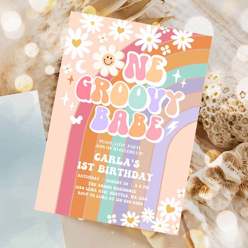 One Groovy Babe Invite Daisy Rainbow Groovy Kids Birthday, Invite Hippie Retro Kids Birthday Invitation