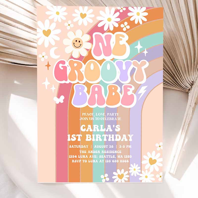 One Groovy Babe Invite Daisy Rainbow Groovy Kids Birthday, Invite Hippie Retro Kids Birthday Invitation