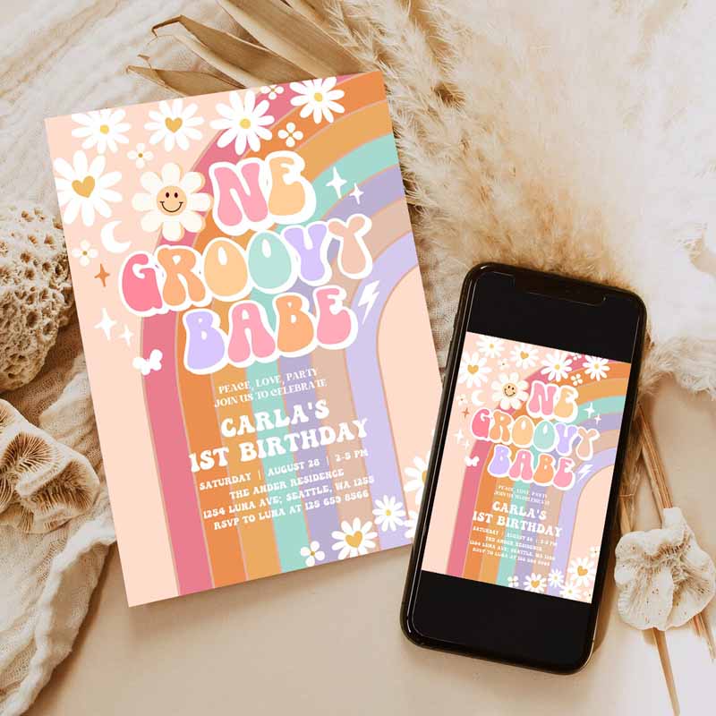 One Groovy Babe Invite Daisy Rainbow Groovy Kids Birthday, Invite Hippie Retro Kids Birthday Invitation