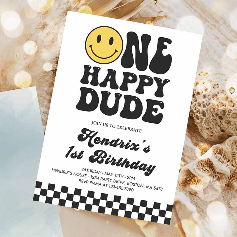 One Happy Dude Kids Birthday Invitation, Smiley Face Kids Birthday Invitation, One Cool Dude Kids Birthday, Hipster Party