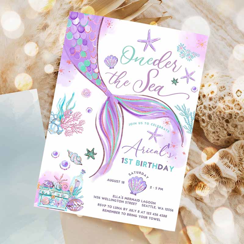 ONEder The Sea Mermaid Purple Teal First Mermaid Kids Birthday, Little Mermaid Invite Invitation