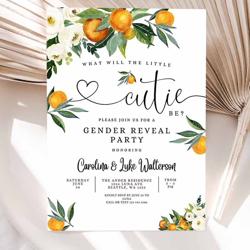 Orange Gender Reveal Party Invitation, A Little Cutie is one Way Citrus Gender Reveal