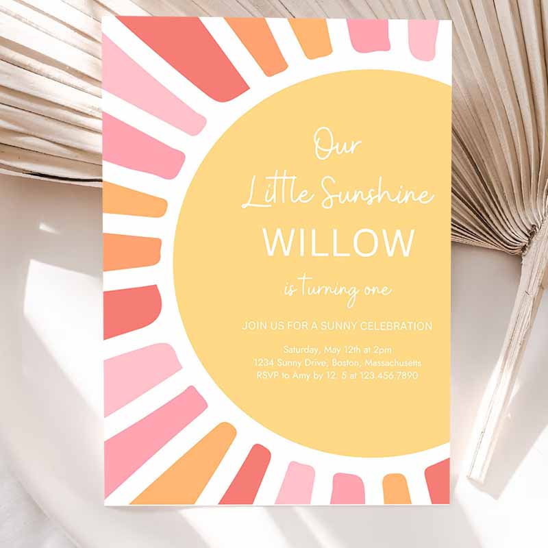 Our Little Sunshine Kids Birthday Invitation, Girl Boho Sunshine Kids Birthday, Trip Arounde Sun Kids Birthday Party