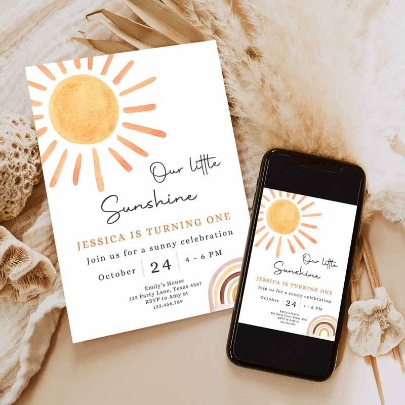 Our Little Sunshine Kids Birthday Invitation, You Are My Sunshine Party, Neutral Boho Download