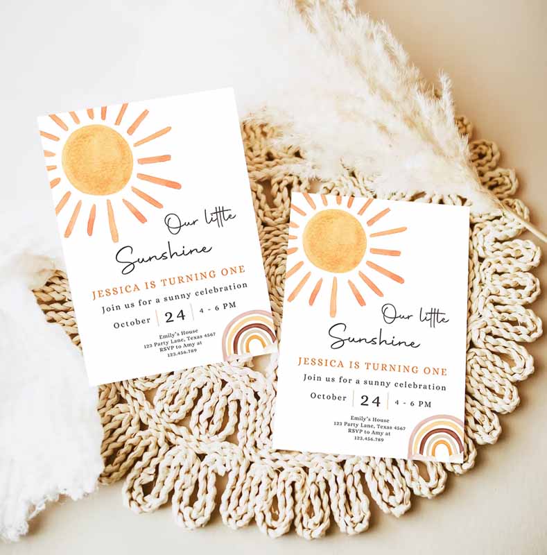 Our Little Sunshine Kids Birthday Invitation, You Are My Sunshine Party, Neutral Boho Download