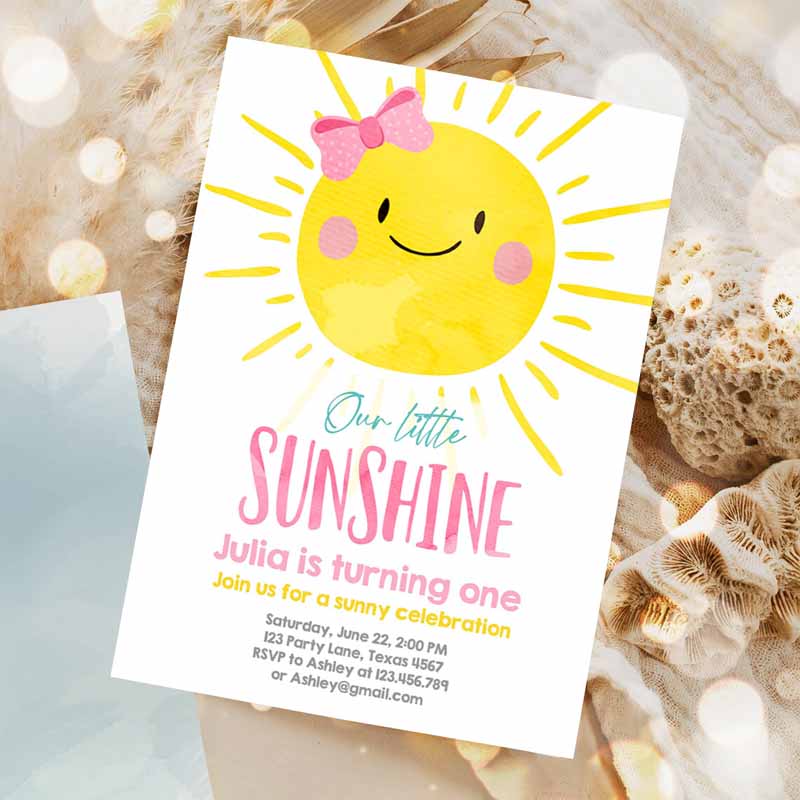 Our Little Sunshine Kids Birthday Invitation, You Are My Sunshine First Kids Birthday, Pink Girl Bow Party