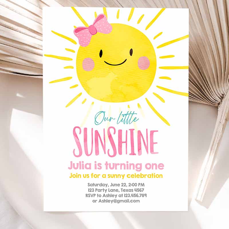 Our Little Sunshine Kids Birthday Invitation, You Are My Sunshine First Kids Birthday, Pink Girl Bow Party