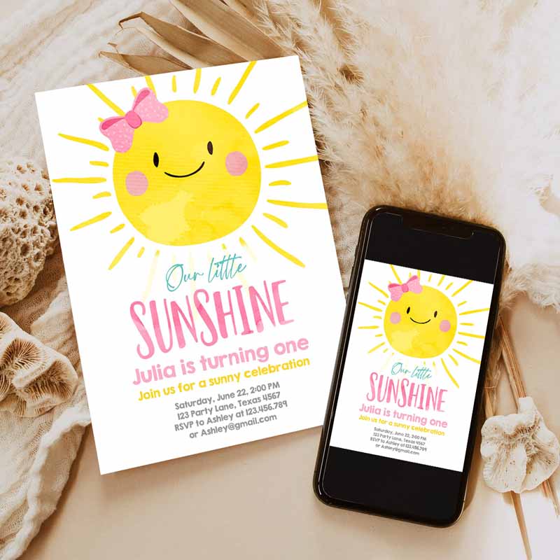 Our Little Sunshine Kids Birthday Invitation, You Are My Sunshine First Kids Birthday, Pink Girl Bow Party