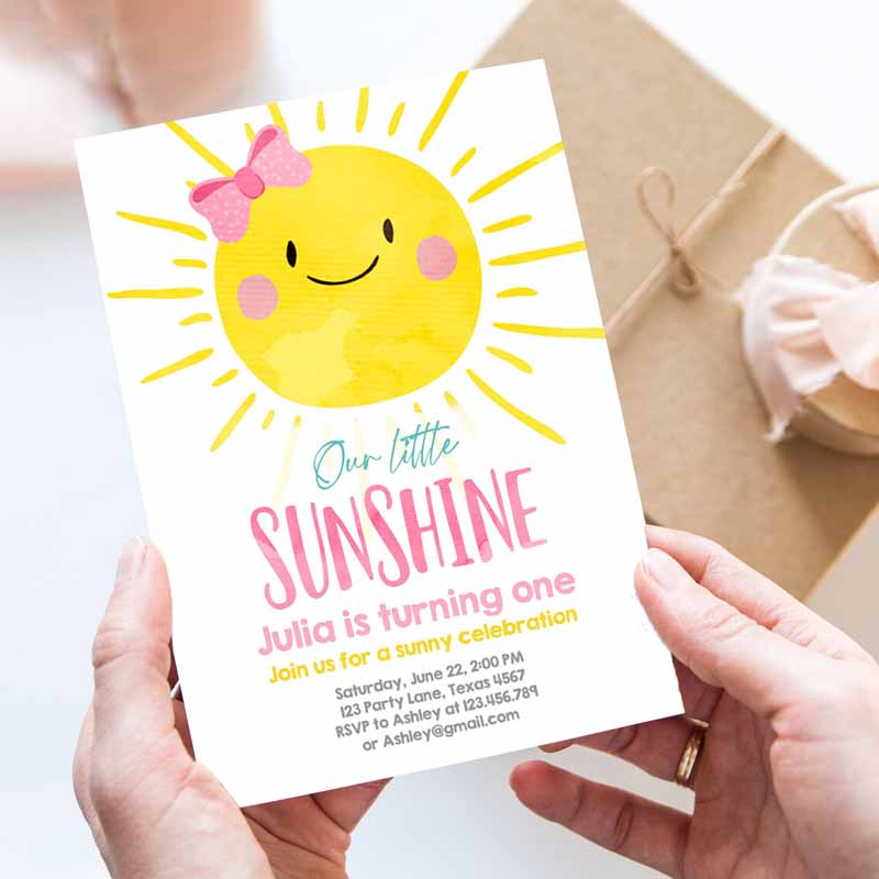 Our Little Sunshine Kids Birthday Invitation, You Are My Sunshine First Kids Birthday, Pink Girl Bow Party