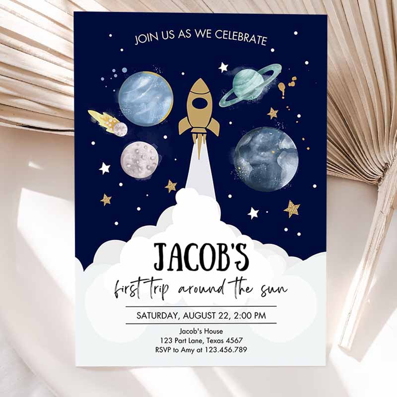 Outer Space First Kids Birthday Invitation, Galaxy Blast Off First Trip Arounde Sun Party Invitation