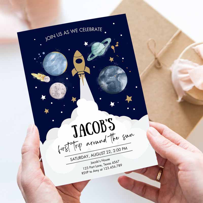 Outer Space First Kids Birthday Invitation, Galaxy Blast Off First Trip Arounde Sun Party Invitation