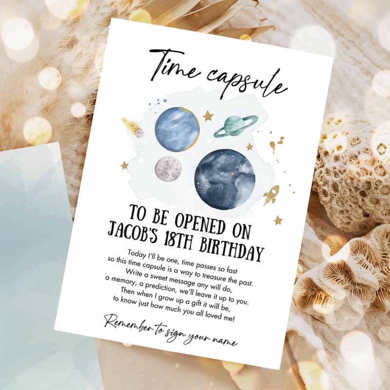 Outer Space Time Capsule First Kids Birthday Party, Astronaut Rocket Space Kids Birthday, Moon Planets Guestbook Party Invitation