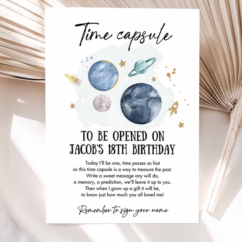 Outer Space Time Capsule First Kids Birthday Party, Astronaut Rocket Space Kids Birthday, Moon Planets Guestbook Party Invitation