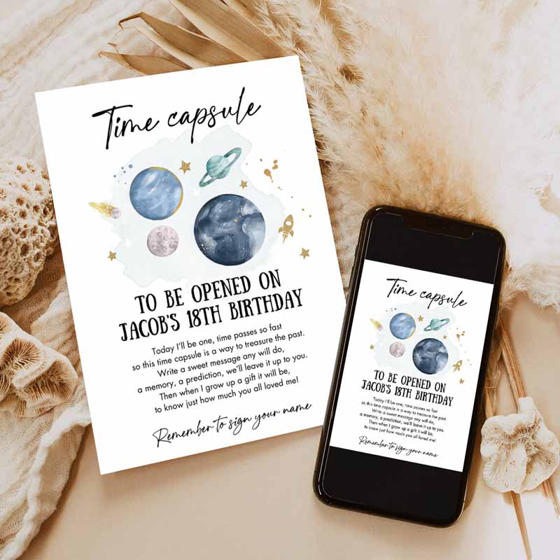 Outer Space Time Capsule First Kids Birthday Party, Astronaut Rocket Space Kids Birthday, Moon Planets Guestbook Party Invitation