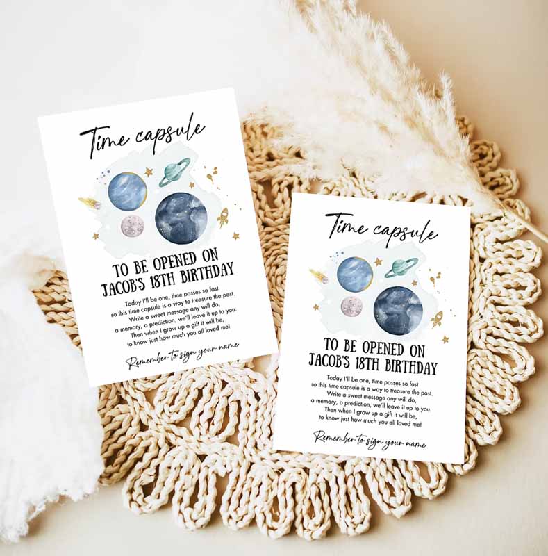 Outer Space Time Capsule First Kids Birthday Party, Astronaut Rocket Space Kids Birthday, Moon Planets Guestbook Party Invitation