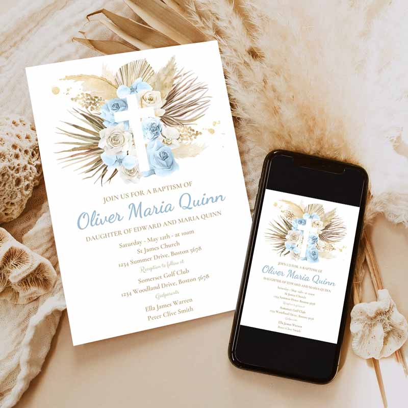 Pampas Grass Baptism Invitation, Bohemian Baptism Invitation, Boho Baptism Christening Communion Invitation