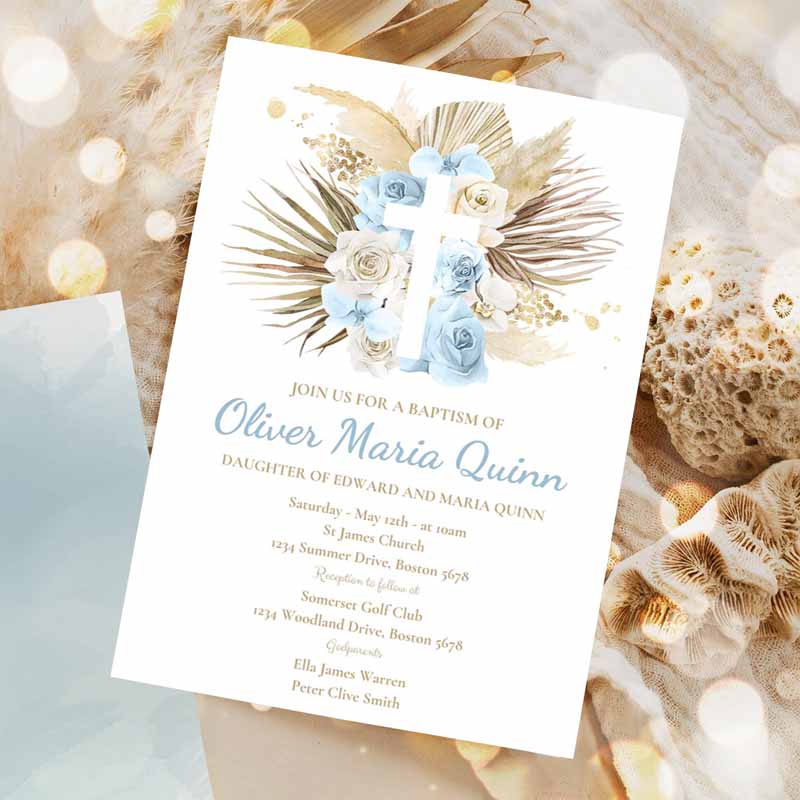 Pampas Grass Baptism Invitation, Bohemian Baptism Invitation, Boho Baptism Christening Communion Invitation