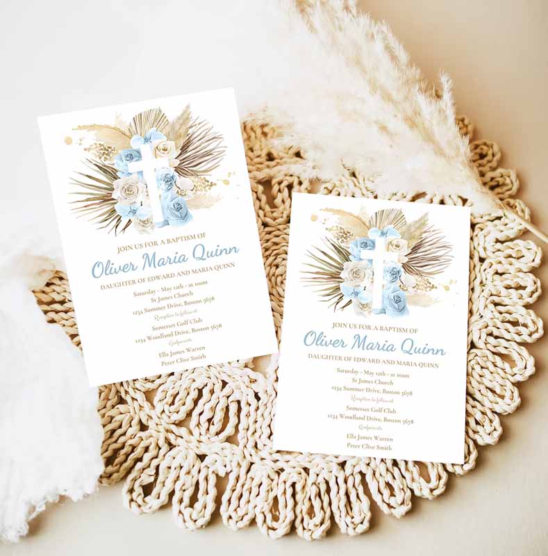 Pampas Grass Baptism Invitation, Bohemian Baptism Invitation, Boho Baptism Christening Communion Invitation