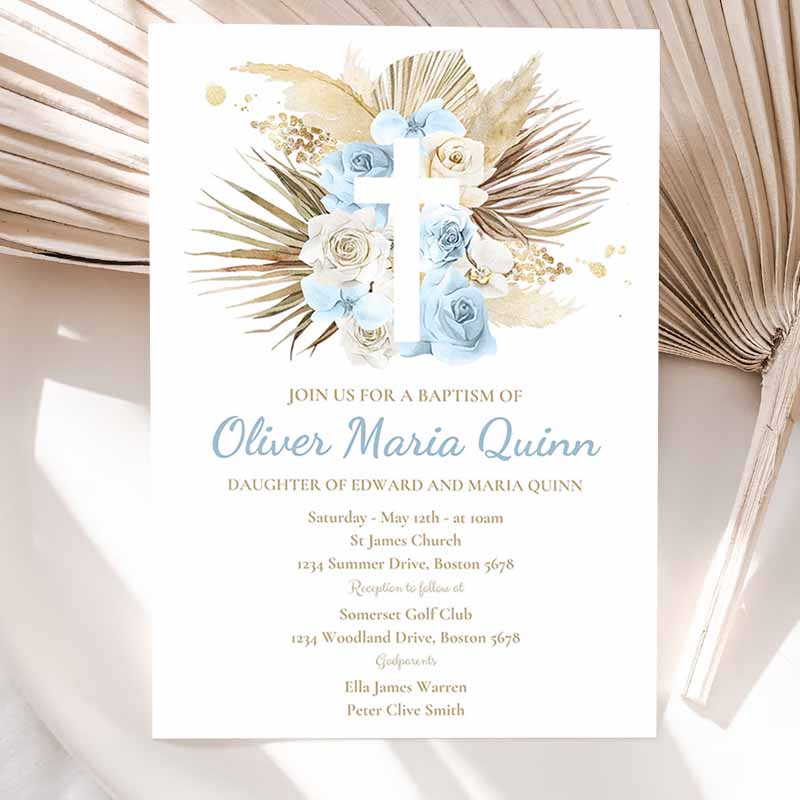 Pampas Grass Baptism Invitation, Bohemian Baptism Invitation, Boho Baptism Christening Communion Invitation