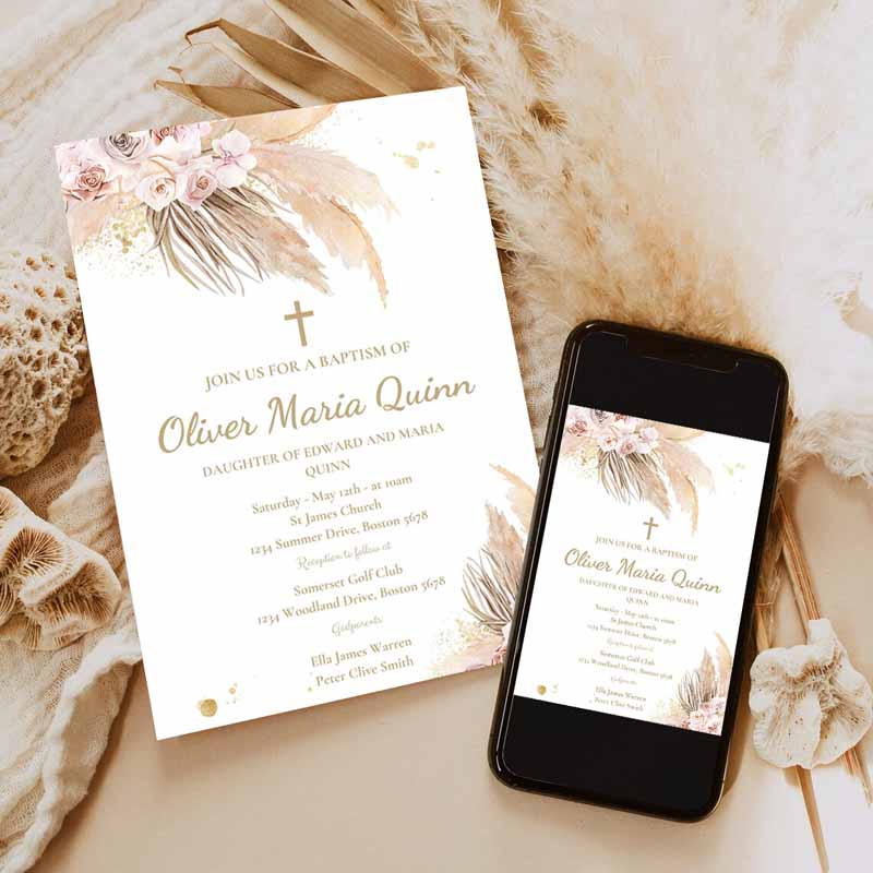 Pampas Grass Baptism Invitation, Bohemian Baptism Invitation, Boho Baptism Christening Communion Party Invitation