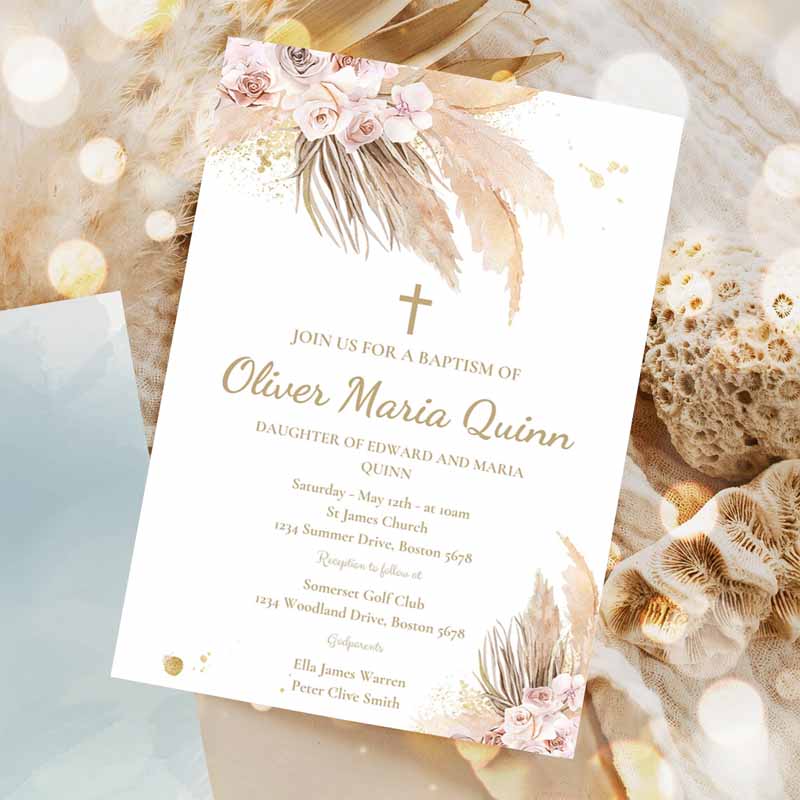 Pampas Grass Baptism Invitation, Bohemian Baptism Invitation, Boho Baptism Christening Communion Party Invitation