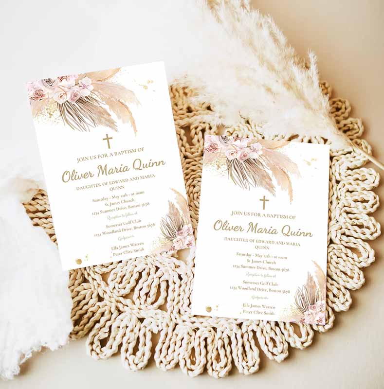 Pampas Grass Baptism Invitation, Bohemian Baptism Invitation, Boho Baptism Christening Communion Party Invitation