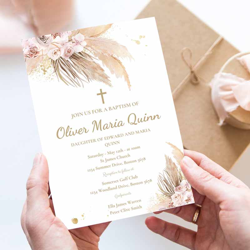 Pampas Grass Baptism Invitation, Bohemian Baptism Invitation, Boho Baptism Christening Communion Party Invitation