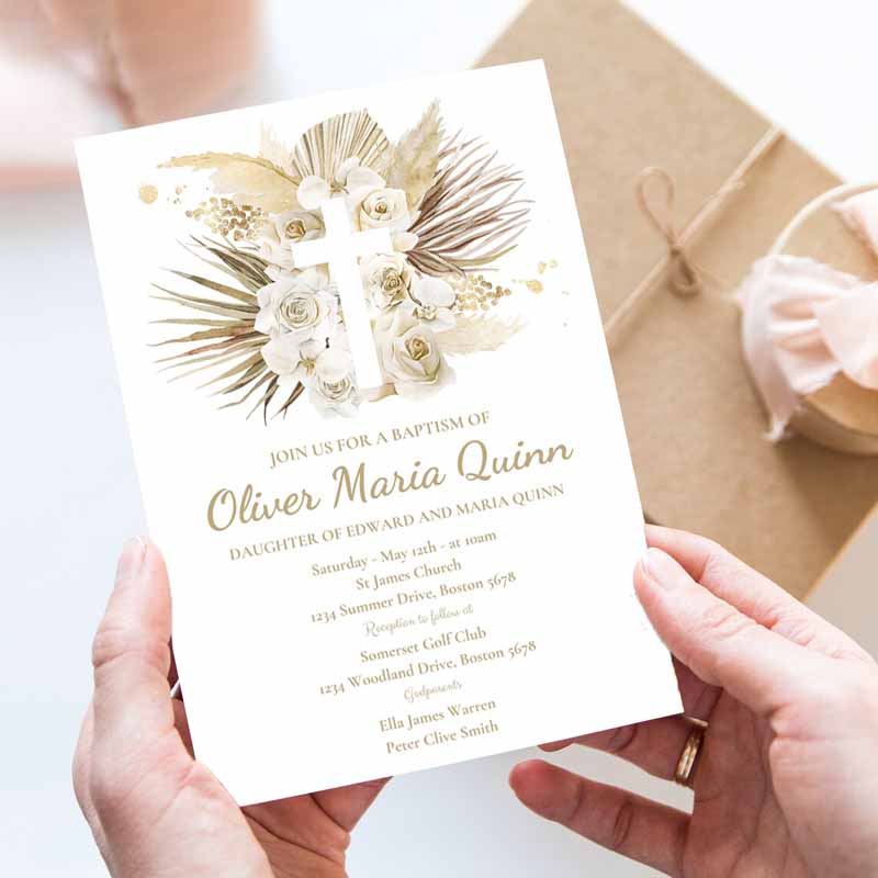 Pampas Grass Baptism Invitation, Bohemian Baptism Invitation, Boho Baptism Christening Communion Invitation