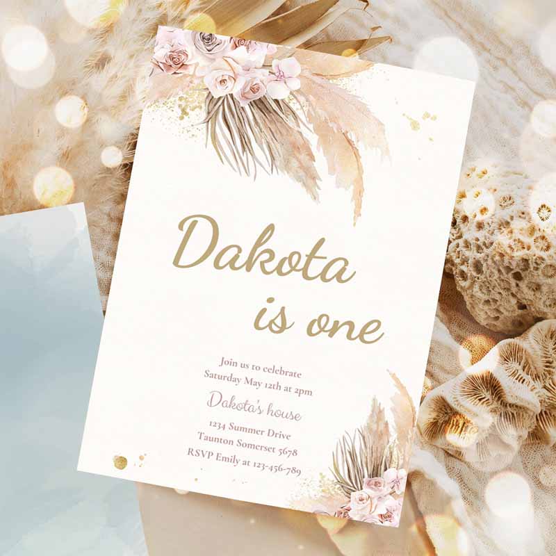 Pampas Grass Boho Kids Birthday Invitation, Bohemian Kids Birthday Party, Muted Earthy Tone Kids Birthday, Kids Birthday Invitation