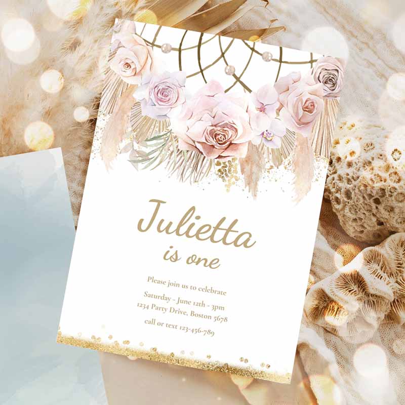 Pampas Grass Boho Kids Birthday Invitation, Bohemian Kids Birthday Party, Muted Tones Boho Dreamcatcher Tropical Party