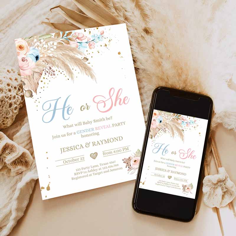 Pampas Grass Gender Reveal Party Invitation, Boho Gender Reveal Bohemian Tropical Desert