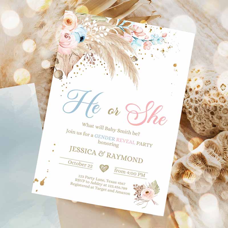 Pampas Grass Gender Reveal Party Invitation, Boho Gender Reveal Bohemian Tropical Desert