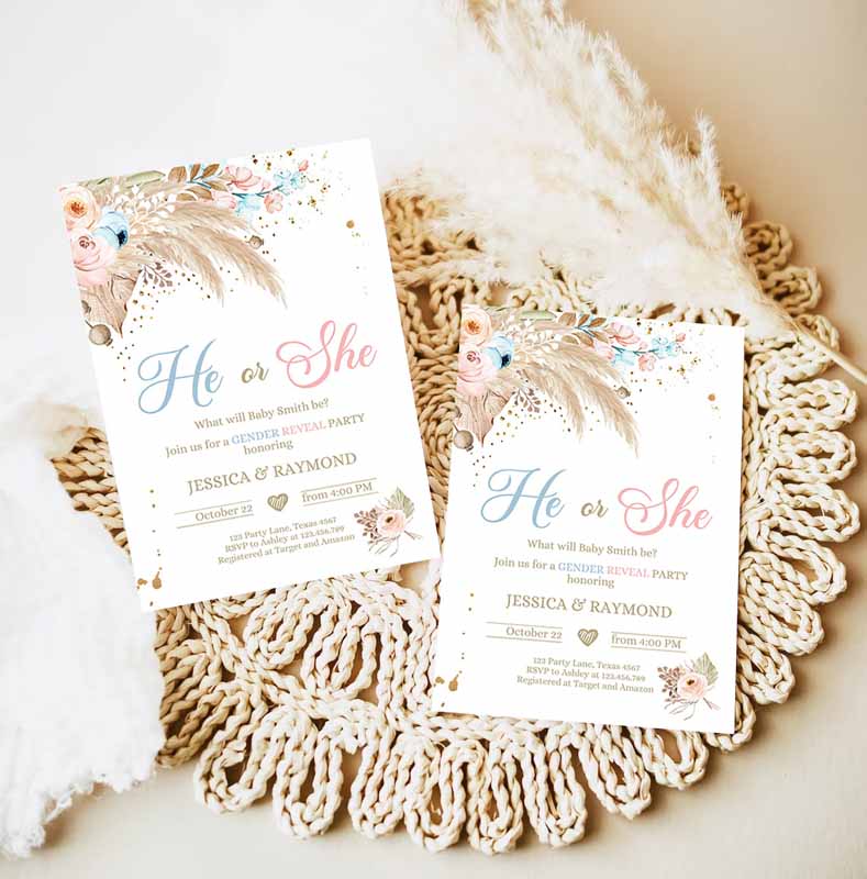 Pampas Grass Gender Reveal Party Invitation, Boho Gender Reveal Bohemian Tropical Desert