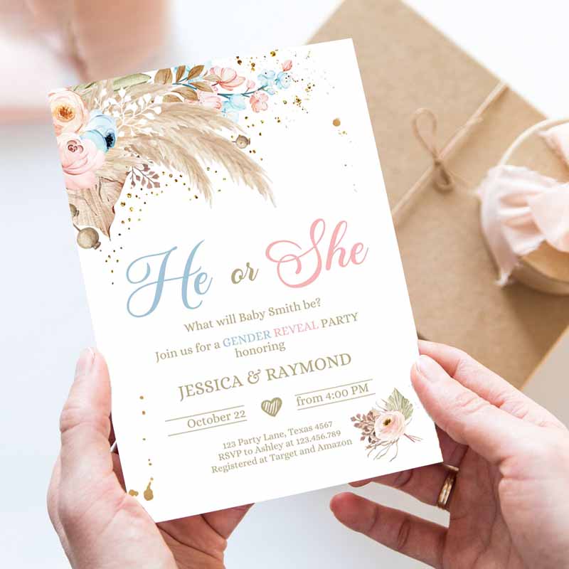 Pampas Grass Gender Reveal Party Invitation, Boho Gender Reveal Bohemian Tropical Desert