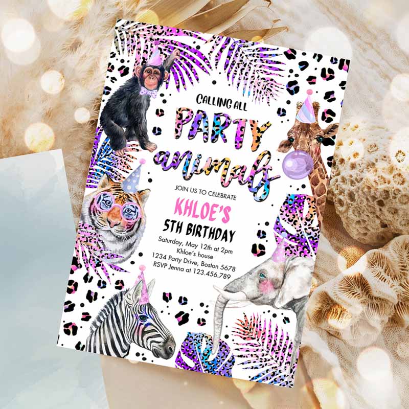 Animals Kids Birthday Invitation, Holographic Rainbow Cheetah Print Safari Animals Party Invitation