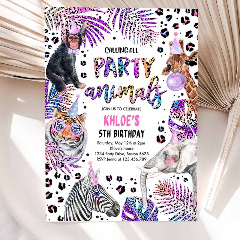 Animals Kids Birthday Invitation, Holographic Rainbow Cheetah Print Safari Animals Party Invitation