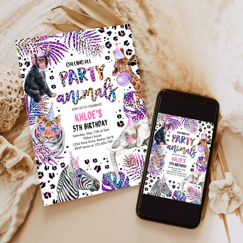 Animals Kids Birthday Invitation, Holographic Rainbow Cheetah Print Safari Animals Party Invitation