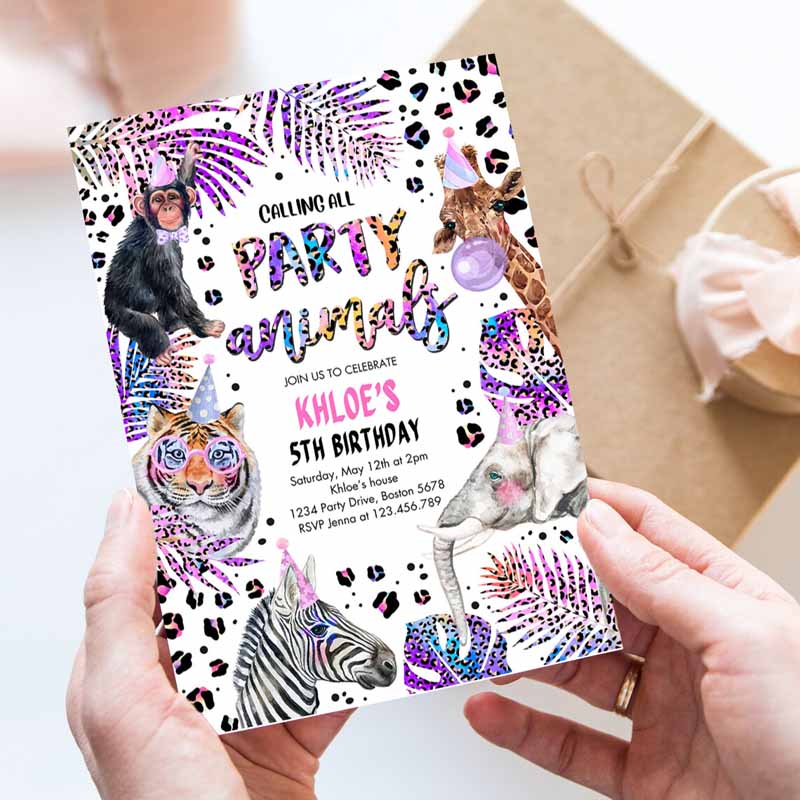 Animals Kids Birthday Invitation, Holographic Rainbow Cheetah Print Safari Animals Party Invitation