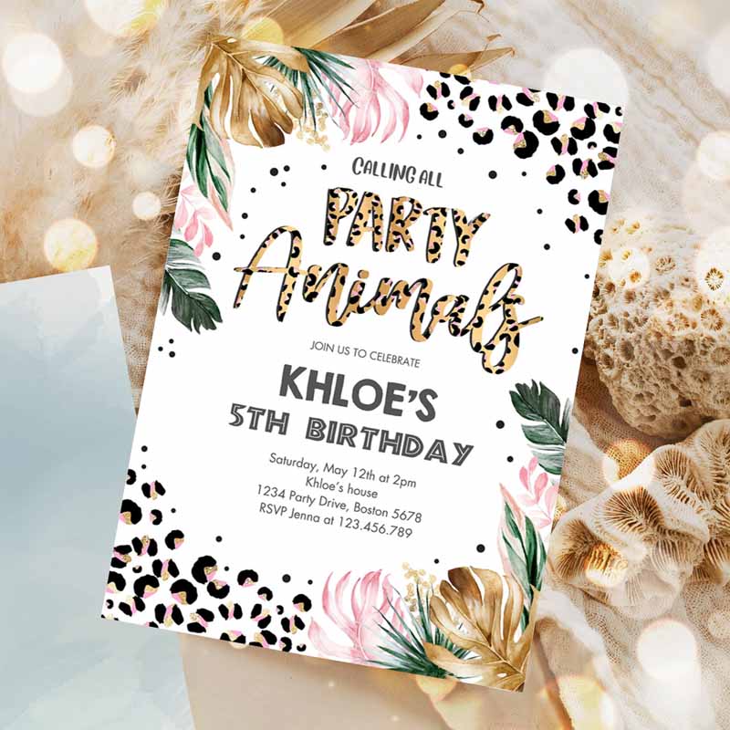 Animals Kids Birthday Invitation, Leopard Print Jungle Kids Birthday Party, Leopard Print Wild One Two Wild Kids Birthday Party