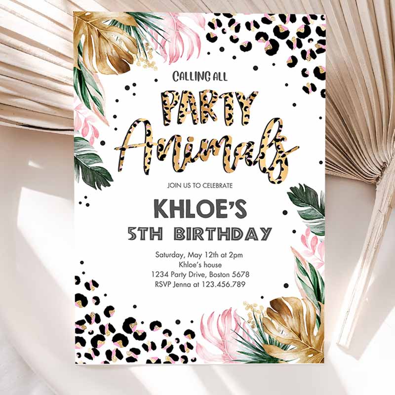 Animals Kids Birthday Invitation, Leopard Print Jungle Kids Birthday Party, Leopard Print Wild One Two Wild Kids Birthday Party